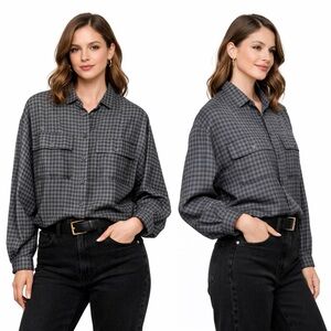 VTG JAEGER London Black & Grey Knit Check Button Front Oxford Shirt, Wool Blend